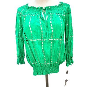 INC Macys Size 4 Green Envy Crinkle Top with Eyelets Off Shoulder